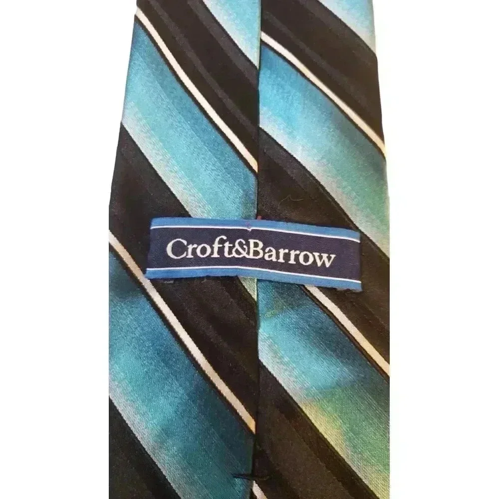 Croft & Barrow Luxury‎ Black Blue Stripes All Silk Necktie Tie Business Church